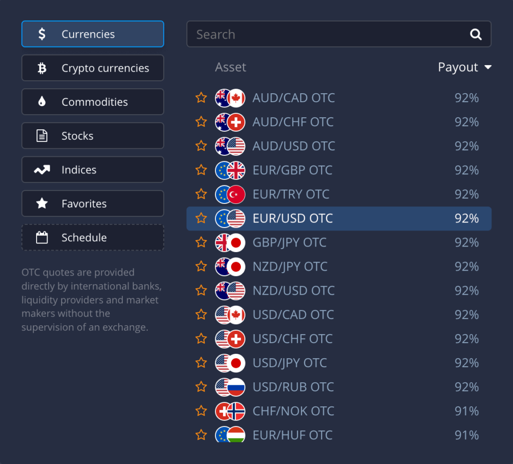 Markeder og eiendeler tilgjengelig for handel på Pocket Option